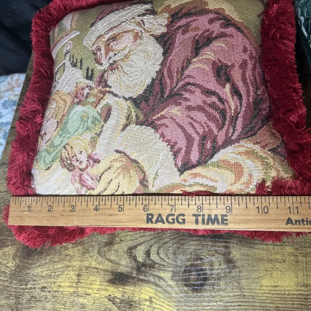 Christmas Vintage Tapestry Pillows Santa & Girl Holly & Berries Small